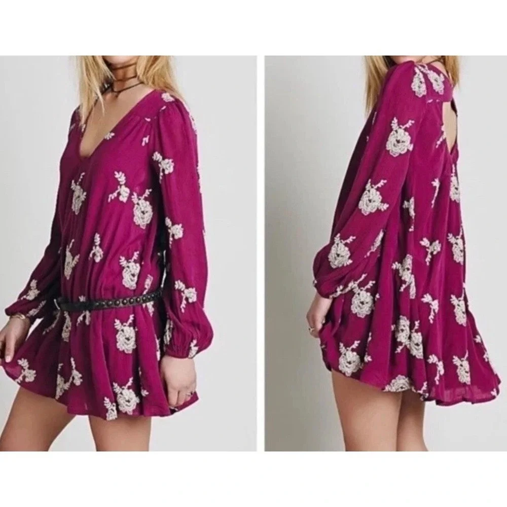 Free People Emma Austin Embroidered Tunic Swing Dress XS Maroon Floral Boho MIni